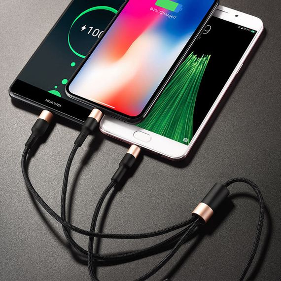 Дата кабель Hoco X26 Xpress 3in1 Lightning -MicroUSB-Type-C (1m) Чорний / Золотий | Зображення 3