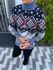 Мужской новогодний свитер с узорами PA2654 цвет голубой, размер L