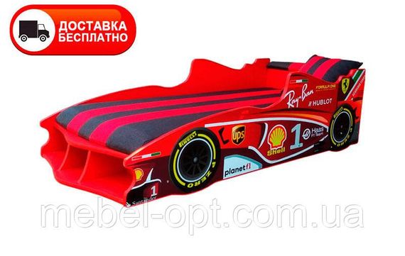 Кровать машинка модель Формула 1 красная со спортивным матрасом, подушкой и мягким сполером в изголовье