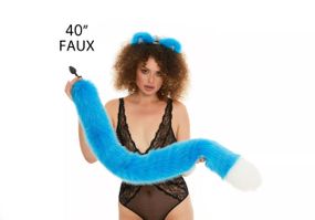 Анальный меховой хвост без пробки, Ярко-голубой с белым кончиком, OKOVA 100 см. sexstyle