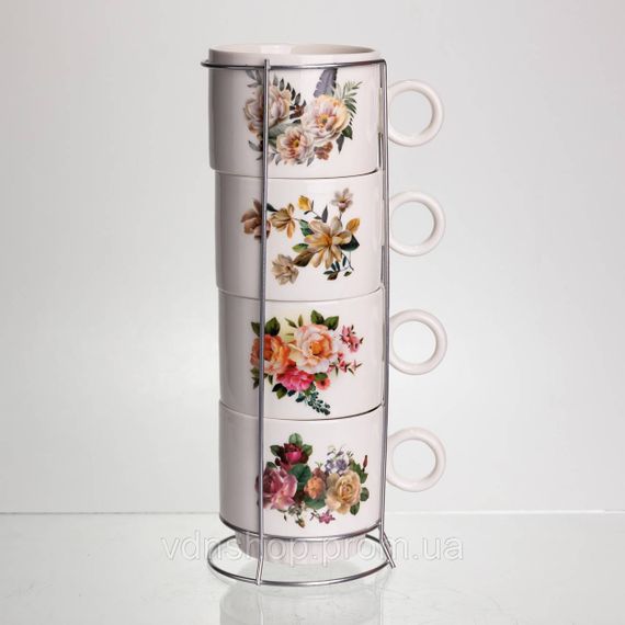 Набор чашек для чая и кофе на металлической подставке Flower 4 (шт) по 300 (мл) подарочный набор фарфоровых чашек FM-7 | Зображення 1