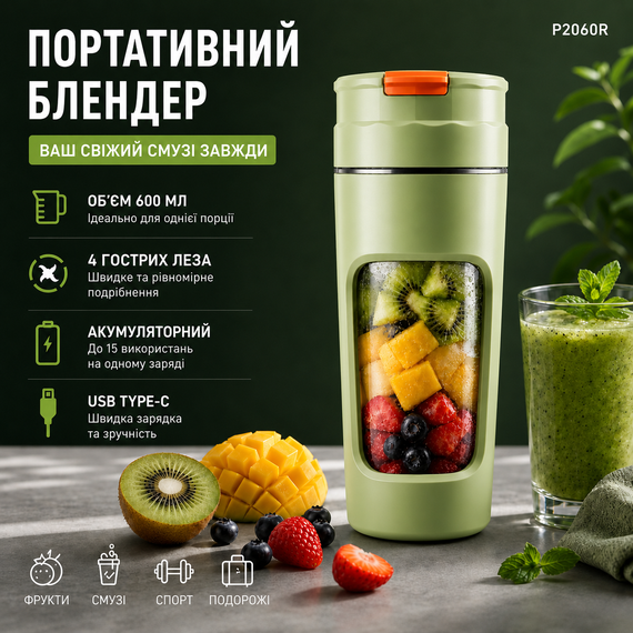 Портативный блендер P2060R на 600 мл, Tritan BPA-free, аккумуляторный с 4 лезвиями, USB Type-C, зеленый