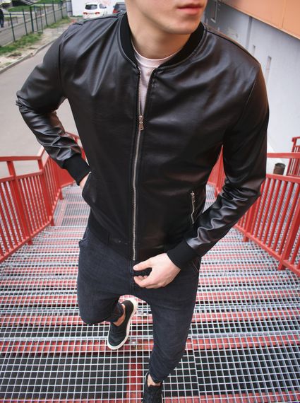 Мужская куртка - бомбер из эко кожи FD6390 размер L, цвет черный | Зображення 3