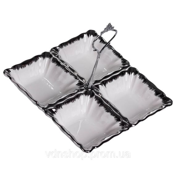 Менажниця порцелянова на 4 секції для закусок 18×18×3 (см) з ручкою Білий з сріблом LC-BYL-100-S | Зображення 2