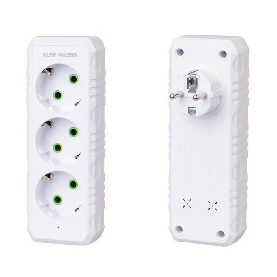 Розетка трійник із заземленням F101-White, 3 розетки, 2500W, 10A, 110-250V~Max, Blister