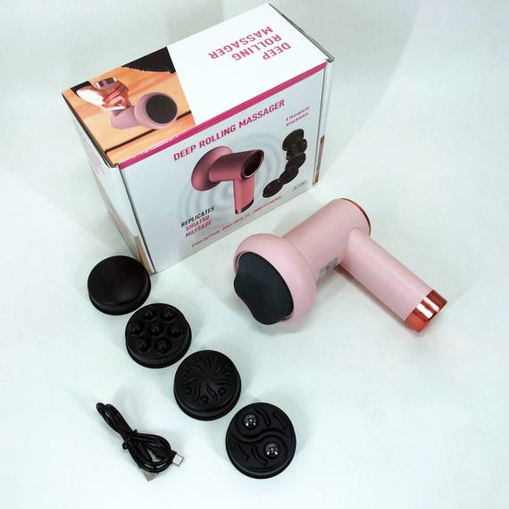 Масажер антицелюлітний для тіла рук та ніг 4 насадки 6 швидкостей Deep Rolling Massager. Колір: рожевий | Зображення 1