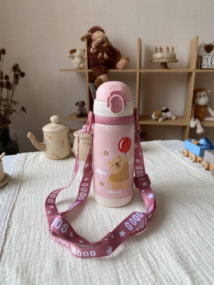 Термос дитячий для напоїв з трубочкою 450мл Рожевий + щіточка в подарунок | Зображення 2