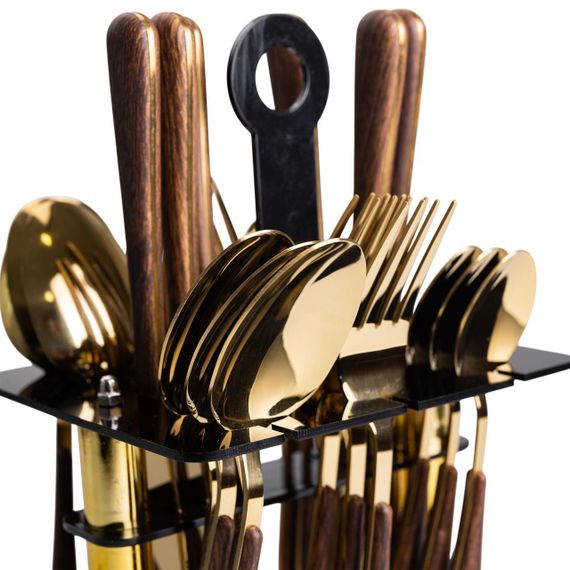 Набор столовых приборов на 6 персон с деревянными ручками на подставке столовые приборы 24 шт Золото HP-20-2 | Зображення 7