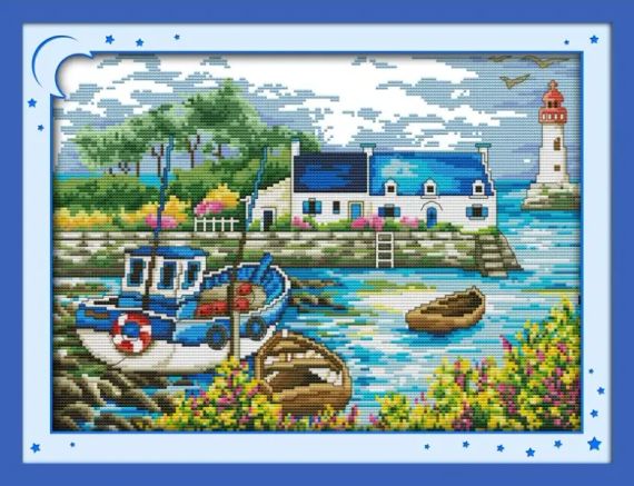 Набір для вишивання за нанесеною на канву схемою  "Scenery of port". AIDA 14CT printed, 40*30 см