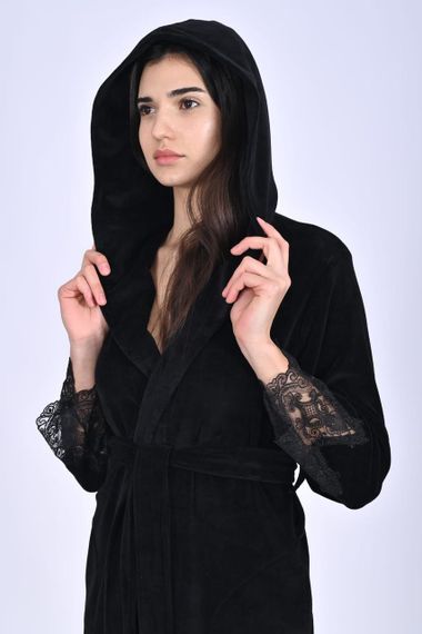 Жіночий халат Nusa 0483 велюровий з капюшоном Чорний, XL | Зображення 6