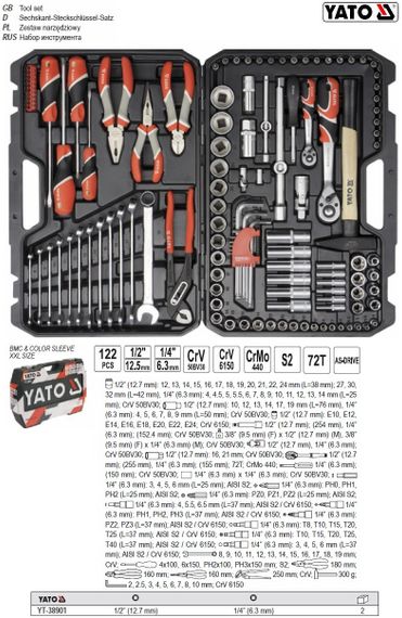 Набор инструмента YATO Польша головок торцевых 1/4'' 1/2'' 122 штуки YT-38901