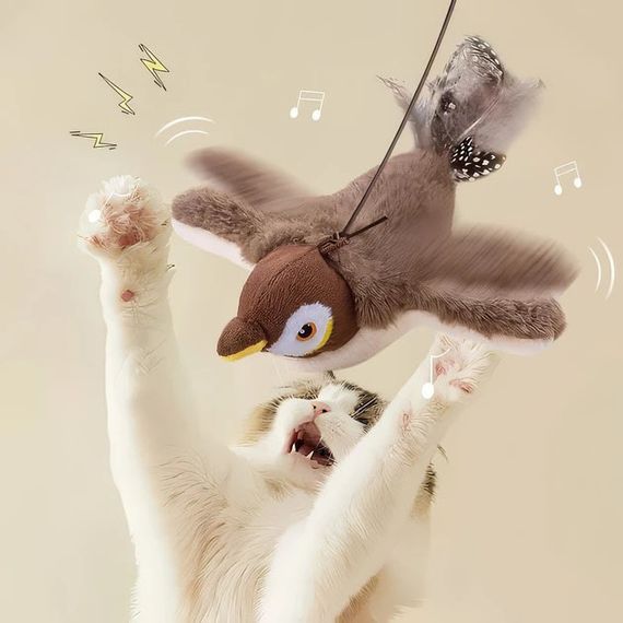 Интерактивная игрушка для кошек летающая птичка воробей для кота птица машет крыльями | Зображення 4