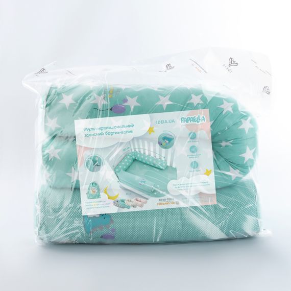 Защитные бортики-валики в детскую кроватку 2 шт ТM PAPAELLA 60х15 см, 120х15 см хлопок звезда/горошек ментол | Зображення 9
