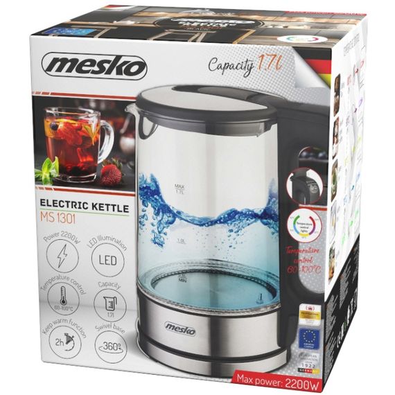 Електрочайник Mesko MS 1301 black 1850-2200Вт/ 1.7л/ скло/ встановлення температури | Зображення 9