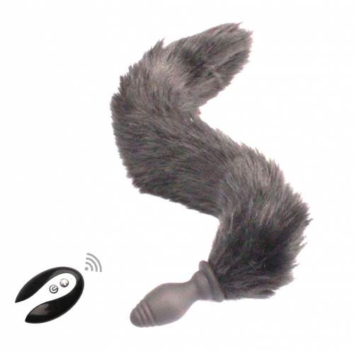 Анальная пробка, хвост с вибрацией на пульте,gray sexstyle