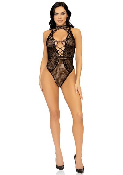 Leg Avenue Net and lace halter bodysuit OS Black Sex Aura | Зображення 5