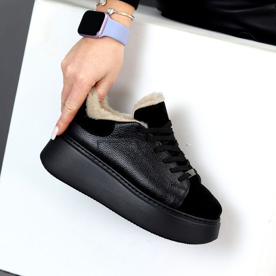Комбіновані Чорні прошиті зимові кросівки натуральна шкіра флотар + замша на платформі