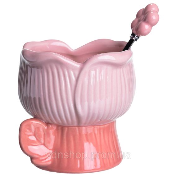 Креманка порцелянова з ложкою у формі квітки 300 (мл) креманка для десертів, морозива та желе Рожевий FM-42P | Зображення 3