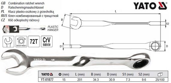 Ключ рожково-накидний кручений 90° тріскачка М=15х201 YATO-01877