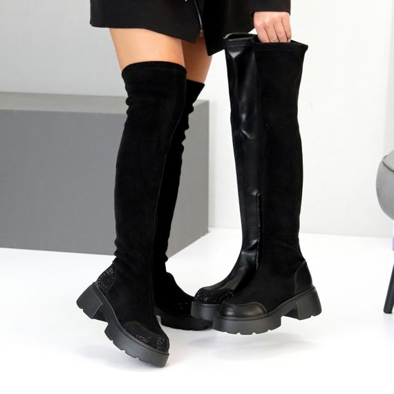 Ультра модні чорні ботфорти замшеві декор стрази на тракторній підошві | Зображення 9