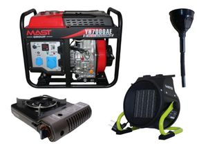 Дизельний генератор MAST GROUP + газова плитка Orcamp CK-505 + електричний обігрівач Gardyer HE2000 та лійка (KYH7000AE)
