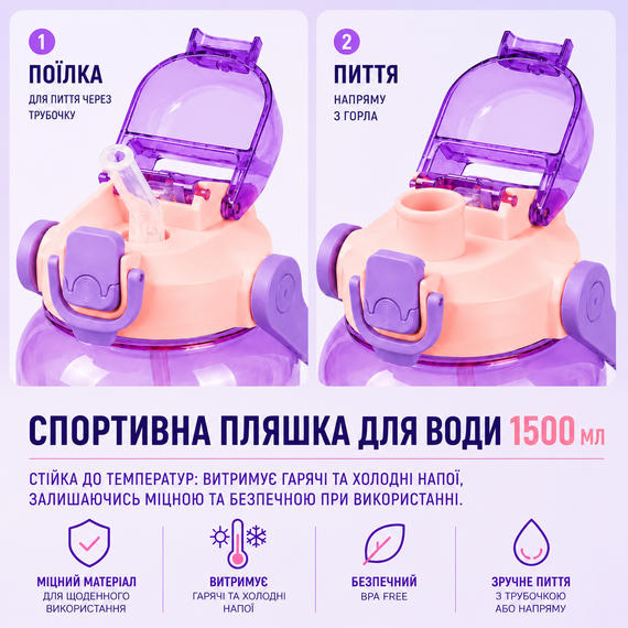 Спортивная бутылка для воды 1500 мл (1.5 л) с трубочкой и ремешком, Градиент Фиолетовый | Зображення 5