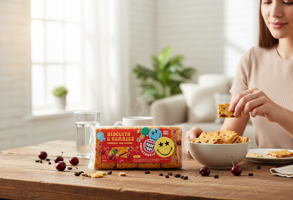 Печиво затяжне з начинкою SmileyWorld BISCUITS  BERRIES вишня та родзинки 210г (214519) | Зображення 1