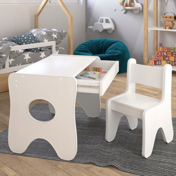 Набір дитячих меблів столик з ящиком та стільчик 70×45×51, стіл та стілець для дітей, білий
