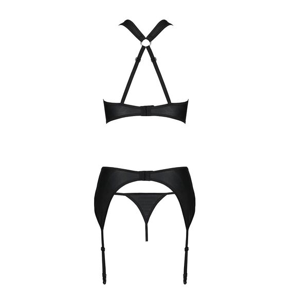 Сітчастий набір з візерунком, бюстгальтер, трусики, пояс для панчіх Passion HIMA SET XXL/XXXL black | Зображення 3