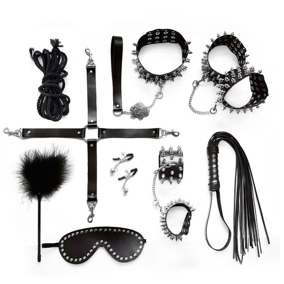 BDSM-набір Art of Sex – Spikes BDSM Set Leather, 10 предметів, чорний, натуральна шкіра Sex Aura