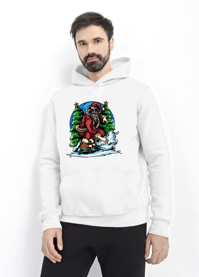 Худі чоловіче біле з принтом "Санта на скейті", 2XL