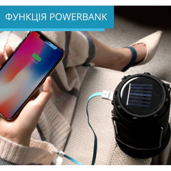 Фонарик аккумуляторный кемпинговый с солнечной панелью USB Powerbank лампа светодиодная | Зображення 2