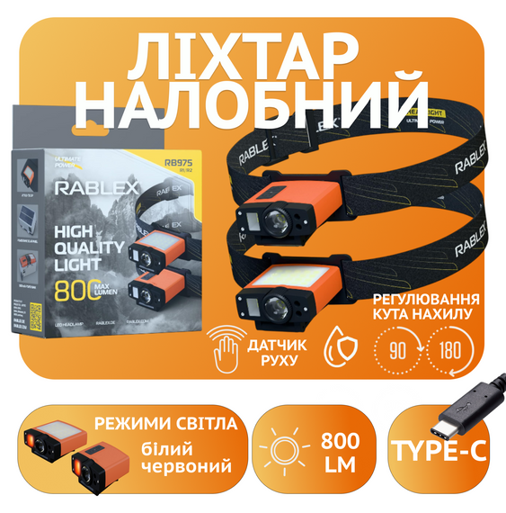 Фонарь налобный Rablex RB975 — подвійний, з функцією PowerBank, 800 люмен, сенсор, Type‑C, карабін | Зображення 1