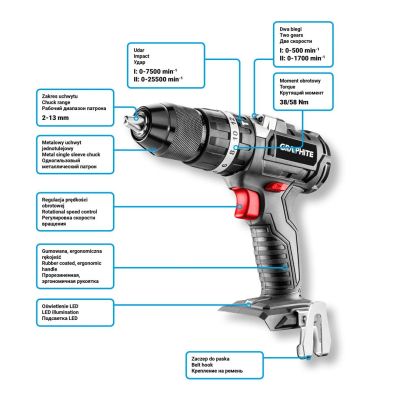 Шуруповерт Graphite Energy+ 18V бесщеточный 58Нм, 3 ск., 0-500·0-1700об/мин (без АКБ и ЗУ) (58G020) | Зображення 7