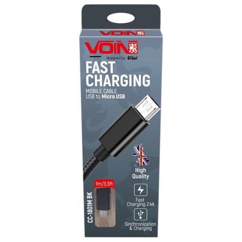 Кабель VOIN USB - Micro USB 3А, 1m, black (швидка зарядка/передача даних) | Зображення 1