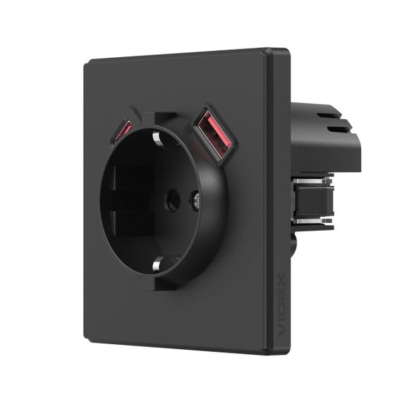 Розетка одинарна із заземленням USB-A+C 20W вугільно-чорна VIDEX NOTA (VF-NT-SK1GUC-BL)