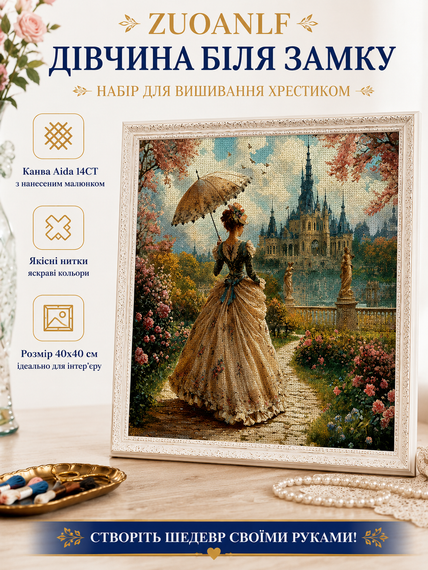 Набор для вышивки крестом ZUOANLF "Девушка у замка" 14CT, 40x40 см, канва Аида с нанесенным рисунком | Зображення 1