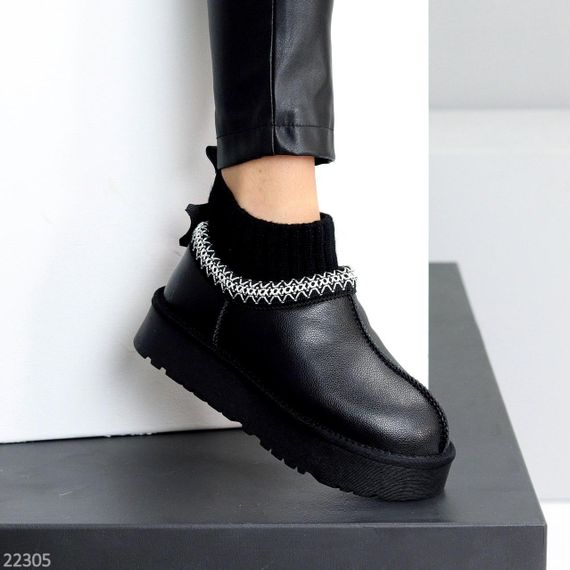 Черные низкие угги с текстильным манжетом натуральная кожа флотар | Зображення 1