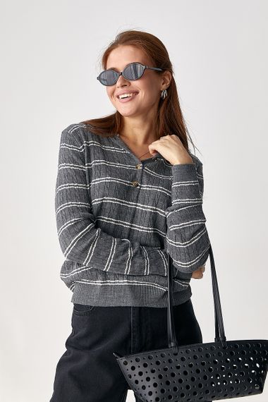 Кофта-поло на ґудзиках у косичку - сірий цвет, ONE SIZE (є розміри)