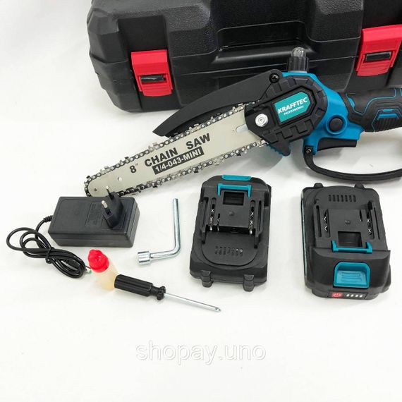 Акумуляторна ланцюгова міні пила 20 см у кейсі Krafftec (36V 4 Ач) + 2 акумулятори та індикатором заряду | Зображення 1