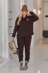 Стильный женский костюм Sofia из турецкой тринитки на флисе, с бомбером и нашивкой VL-1584 Темно-коричневый, 58-60