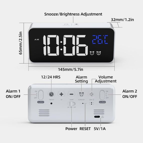 Цифровий будильник із великим LED-дисплеєм, термометром, 13 мелодіями та USB-портом зарядки | Зображення 2