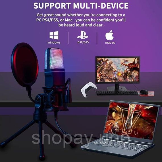 Игровой микрофон для ПК и приставки с RGB подстветкой / Микрофон конденсаторный с поп-фильтром на подставке для блоггеров | Зображення 6