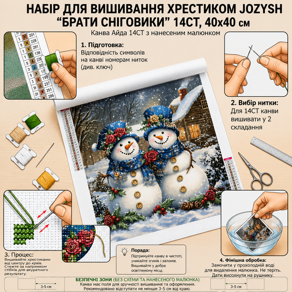 Набор для вышивки крестом JOZYSH "Братьи Снеговики" 14CT,40х40 см, канва Аида с нанесенным рисунком | Зображення 2