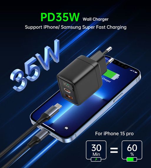 Мережевий зарядний пристрій Choetech PD6052-EU-BK, USB-A/USB-С | Зображення 5
