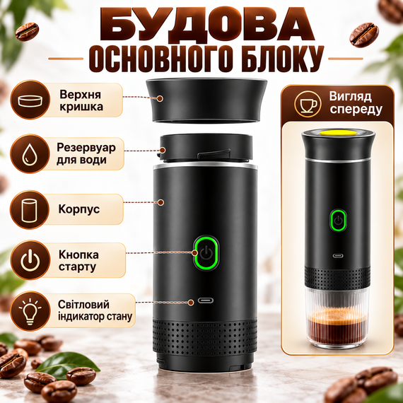 Портативна кавоварка 3-в-1 KF-JN-02 акумуляторна еспресо машина для капсул і меленої кави з підігрівом USB Type-C чорна | Зображення 5
