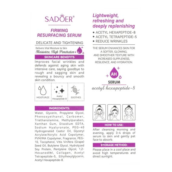 Антивікова сироватка для обличчя проти зморшок Sadoer з пептидами, 30 мл | Зображення 1