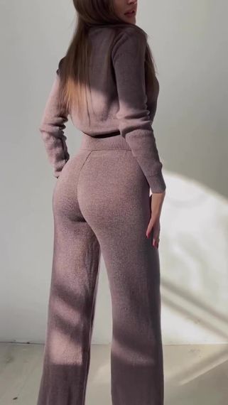 Вязаный женский костюм двойка кофта + штаны цвет какао в размере XS-XL S-M | Зображення 3