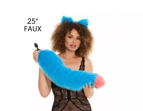 Анальний хутряний пухнастий хвіст без пробки, Яскраво-блакитний з яскраво-рожевим кінчиком, OKOVA 60 см. Sex Aura