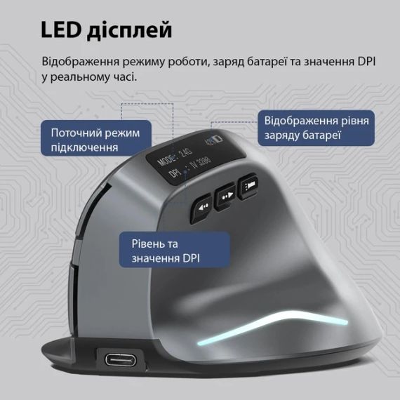 Вертикальная беспроводная компьютерная мышь Zelotes F-26C, 8 кнопок, 3200 DPI, 2 режима подключения (2,4 ГГц / | Зображення 5